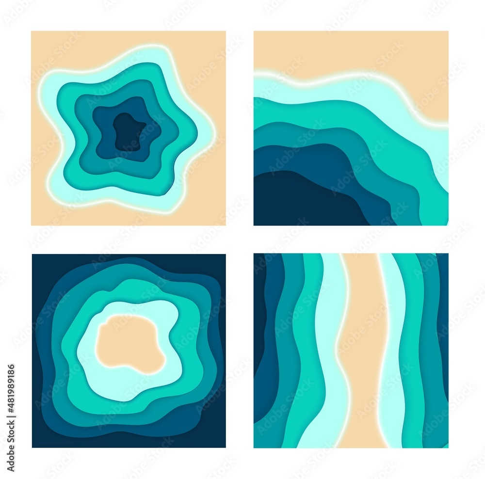 Four images of bodies of water: lake, beach, channel and island Four images of bodies of water: lake, beach, channel and island