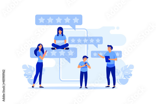 Customer reviews rating, Different people give a review rating and feedback, Support for business satisfaction flat vector illustration 