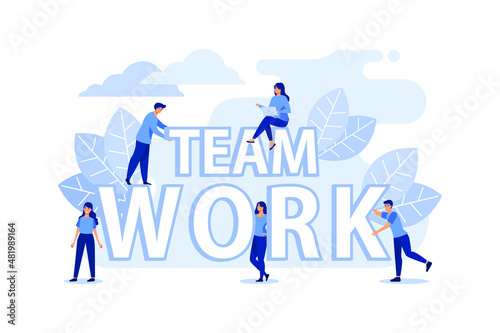 businessmen together build word teamwork, abstract design graphic, construction business project flat vector illustration 