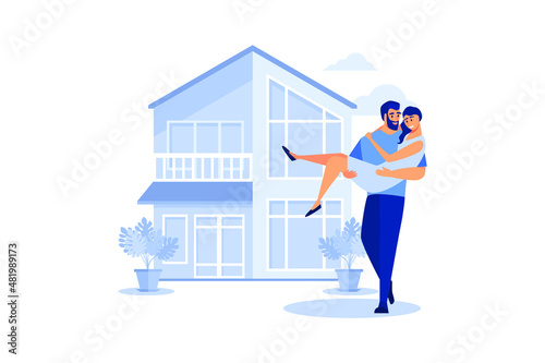 woman being carried by her lover outside his house. Young people bought the new house vector flat illustration. Happy family is moving into new home. Cartoon characters of the husband and wife.