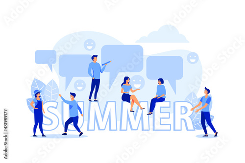 flat Vector illustration of communication through the Internet, social networks, chat, video, news, messages, website, search for friends, mobile web graphics, big word summer