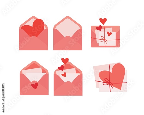 A love letter on Valentine's Day Set. A postal envelope with a declaration of love. Paper mail postcards. Vector isolated colorful element. 