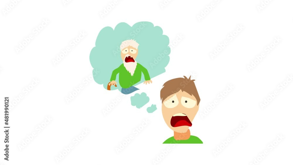 Gerontophobia concept. Cartoon illustration of a man suffering from the fear of of old age Gerontophobia concept. Cartoon illustration of a man suffering from the fear of of old age