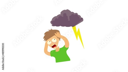 Brontophobia concept. Cartoon illustration of a man suffering from the fear of thunderstorm photo