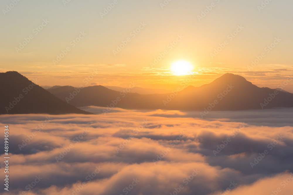 Beautiful sunlight and fog at Phu Thok Mountain at Chiang Khan ,Loei Province in Thailand Beautiful sunlight and fog at Phu Thok Mountain at Chiang Khan ,Loei Province in Thailand