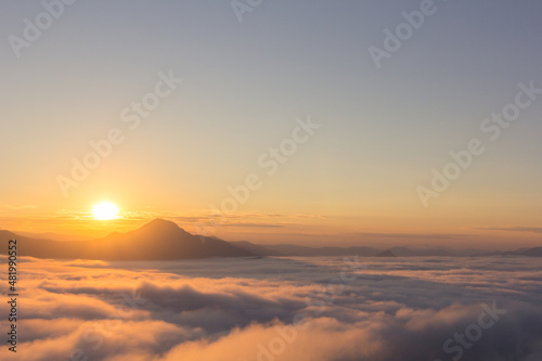 Beautiful sunlight and fog at Phu Thok Mountain at Chiang Khan ,Loei Province in Thailand