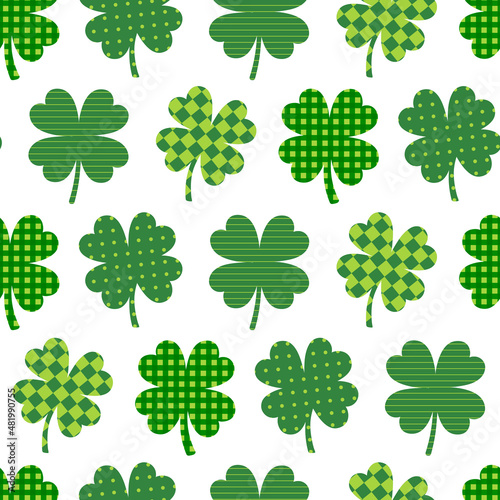Seamless pattern St Patricks Day Clover leopard and checkered. Shamrock ornament vector illustration	