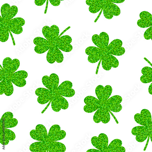 Seamless pattern St Patricks Day Clover  green glitter vector illustration	