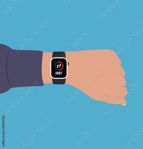 Smart watch on the arm with fitness tracker apps. Monitor time, pulse. Healthy lifestyle, running outdoors. Vector illustration, modern design.