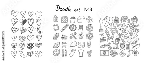 Big set of hand drawn coffee and tea doodles. A set of isolated vector drawings hearts, snacks, fast food products. Hand-drawn sweets, desserts, snacks, drinks, popcorn, American food and English