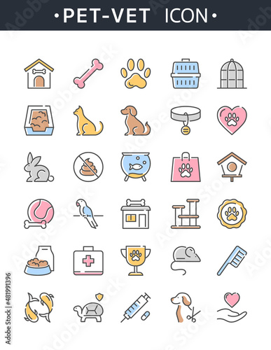 Colorful pet icon. Vector set of thin line veterinary icons with dog, cat, bird, turtle, puppy, fish, animal toys. Outline collection for web design, logo, banner, pet shop, veterinary clinic