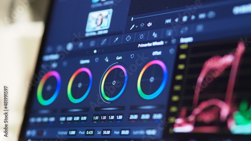 Fotografie Color grading graph or RGB colour correction indicator on monitor in post production process