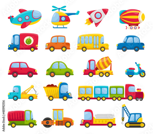 Big set of children's colored transport. Bright planes, helicopters, cars and a train. Construction vehicles on a white background.