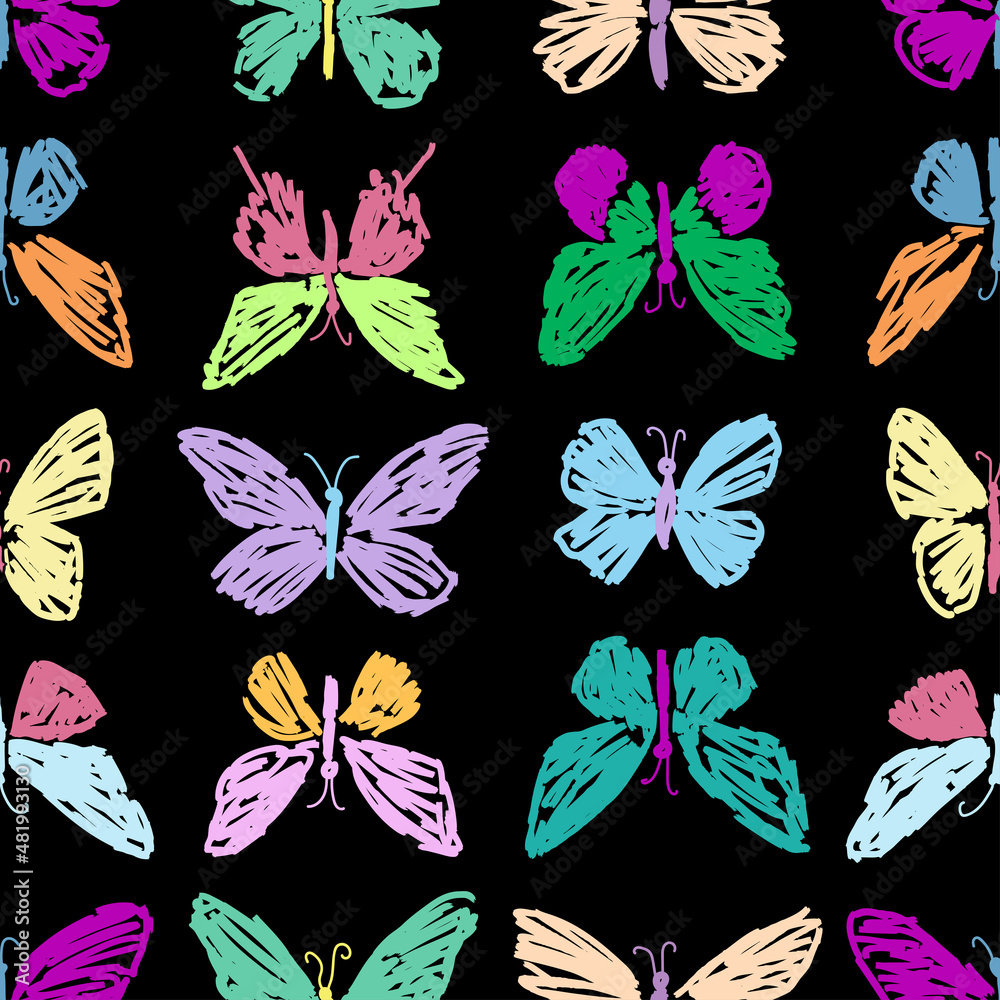 Fototapeta premium Seamless pattern of doodles various colorful butterflies