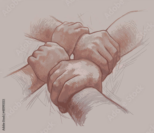 Sepia pencil drawing of reliability and firm folded human arms