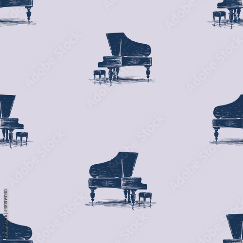 Seamless background of sketches silhouettes grand piano