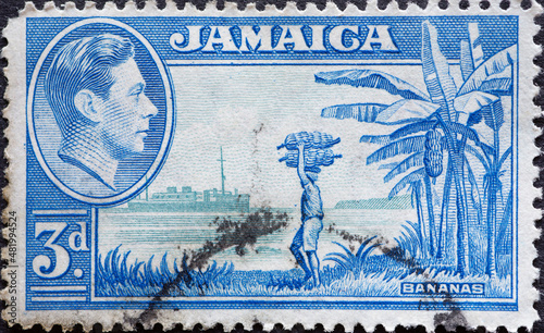 Valokuva Jamaica - circa 1949: a postage stamp from Jamaica, showing a banana plantation