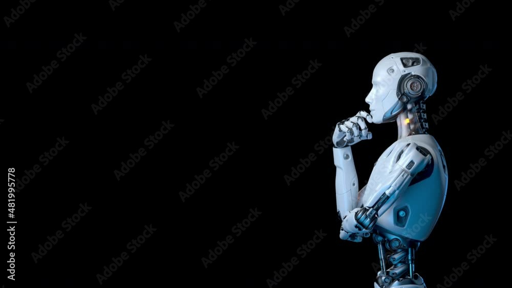 Human-like robot thinking out loud. Concept. 3D animation