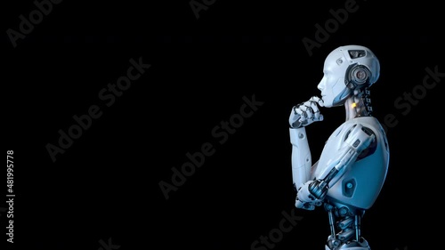 Human-like robot thinking out loud. Concept. 3D animation