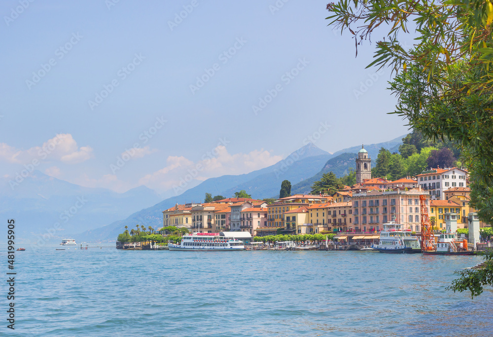 Landscape Of Como lake in Italy. Spectacular view on coastal town - Bellagio, Lombardy. Famous Italian recreation zone and popular European travel destination. Summer scenery.