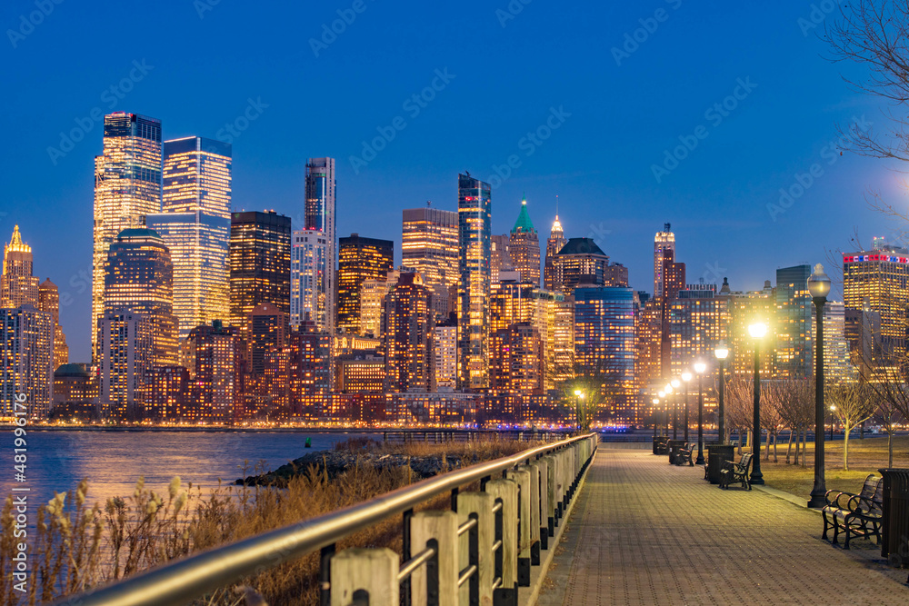 New York City skyline at dusk, long exposure of Manhattan  taken from Liberty State Park NJ.