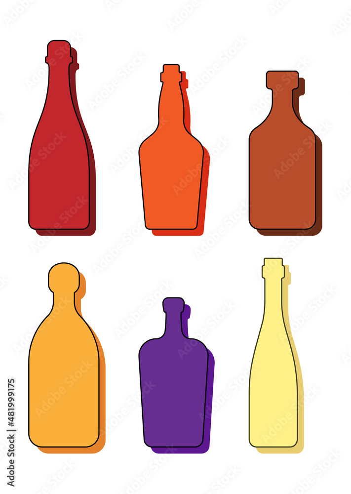 Set drinks. Alcoholic bottle. Red wine whiskey rum tequila liquor champagne. Simple shape isolated with shadow and light. Colored illustration on white background. Flat design style Set drinks. Alcoholic bottle. Red wine whiskey rum tequila liquor champagne. Simple shape isolated with shadow and light. Colored illustration on white background. Flat design style