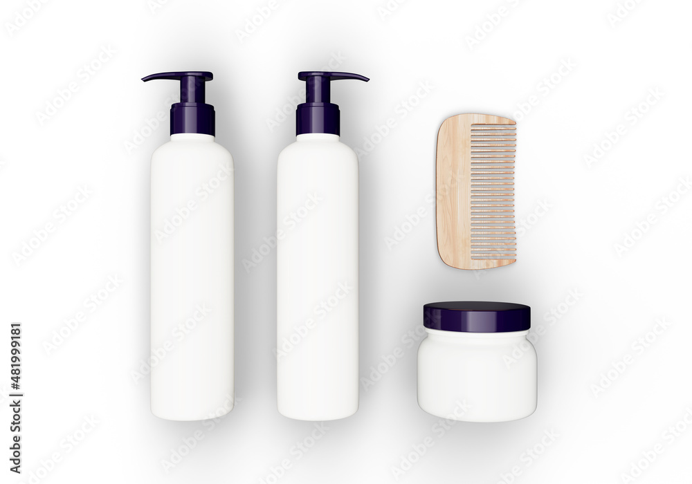Cosmetic set for hair care from shampoo, mask and comb. Cosmetics mockup isolated on white background. 3d rendering Cosmetic set for hair care from shampoo, mask and comb. Cosmetics mockup isolated on white background. 3d rendering