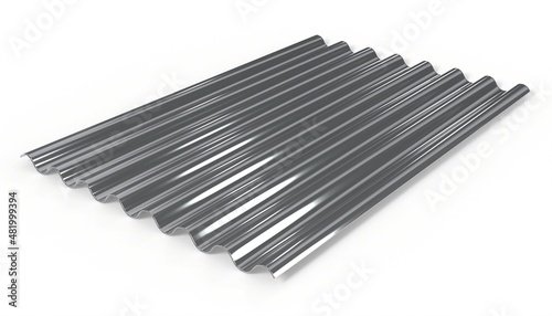 3d render illustration steel metal zinc galvanized wave sheet for roof isolated on white background. Realistic corrugated roof sheet. Metal siding  profiled sheeting for covering or fencing.