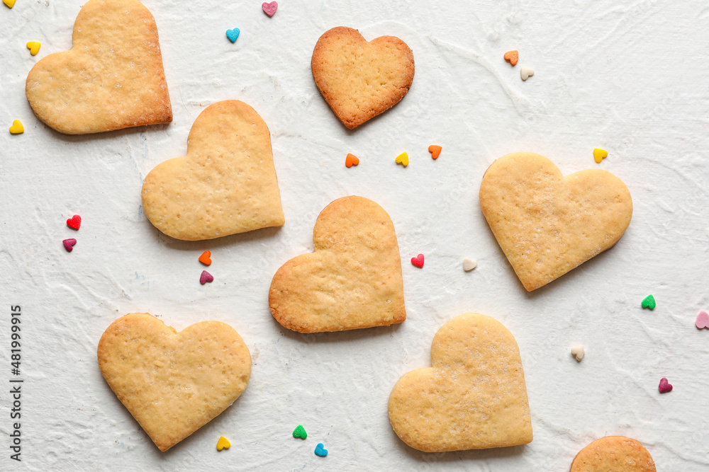 Tasty heart shaped cookies on white background. Valentines Day celebration Tasty heart shaped cookies on white background. Valentines Day celebration