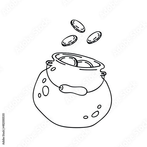 A pot of coins. The logo of unexpected wealth. Isolated vector element of the black line.
