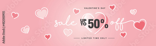 Valentine's Day Sale up to 50 % off handwritten typography lettering line design with many sweet pink hearts Promotion shopping template for Love and Valentine's Day concept