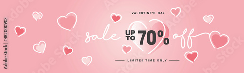 Valentine's Day Sale up to 70 % off handwritten typography lettering line design with many sweet pink hearts Promotion shopping template for Love and Valentine's Day concept
