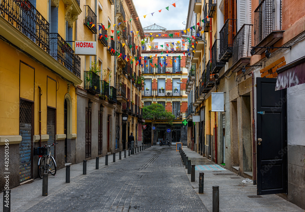 Old street in Madrid, Spain. Architecture and landmark of Madrid, postcard of Madrid.
