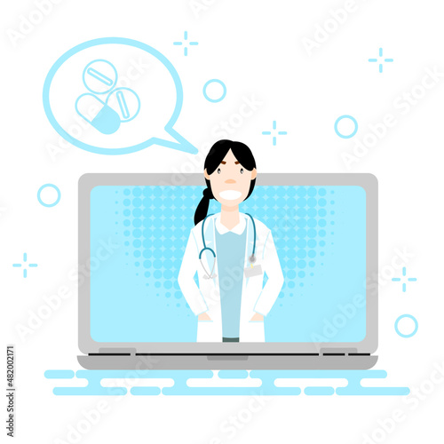  Online doctor. Medical technology concept. Flat design vector illustration. Doctor in laptop