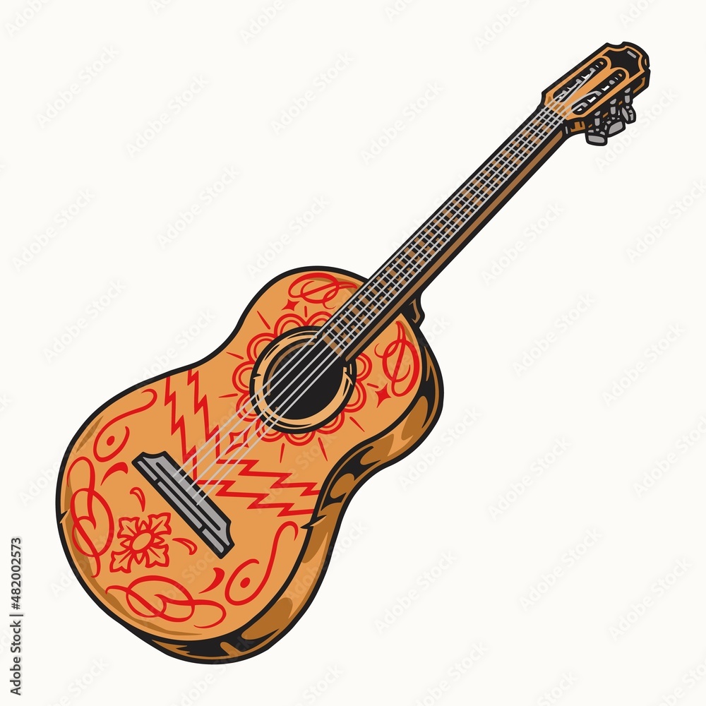 Painted acoustic guitar in vintage style