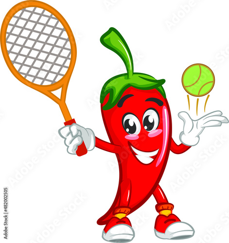 vector mascot character illustration of cute chili playing tennis