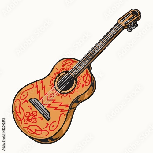 Painted acoustic guitar in vintage style