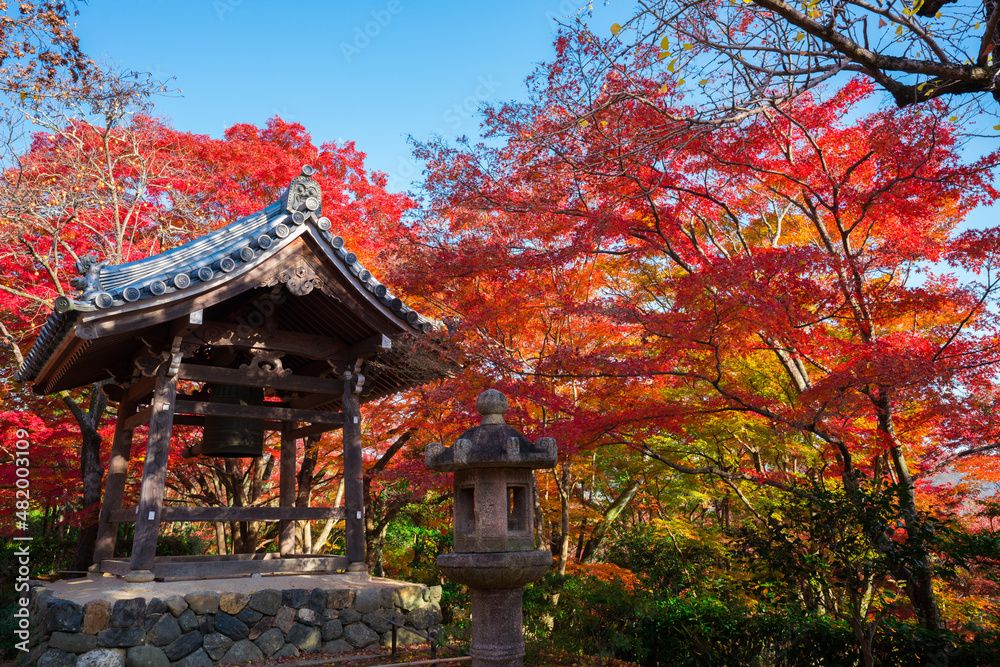 京都　嵯峨野　常寂光寺（じょうじゃっこうじ）の鐘楼と紅葉