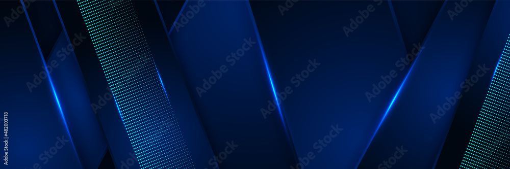 Corporate neon style blue wide banner design background. Abstract 3d banner design with dark blue technology geometric background. Vector illustration