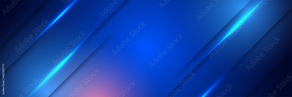 Abstract neon style blue wide banner design background. Abstract 3d banner design with dark blue technology geometric background. Vector illustration - obrazy, fototapety, plakaty 