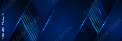 Corporate neon style blue wide banner design background. Abstract 3d banner design with dark blue technology geometric background. Vector illustration