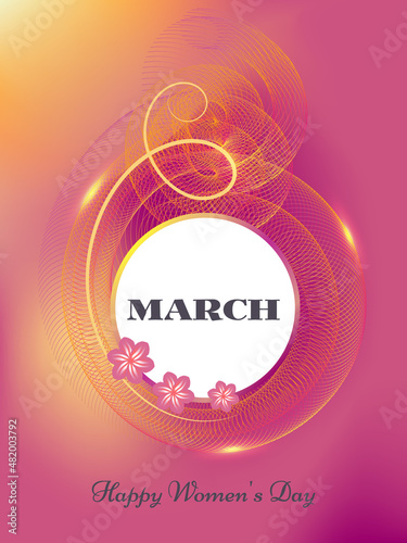 Happy International Women's Day on 8 March. Colorful background with Number 8 and 3d colored dynamic swirl wave shape.
