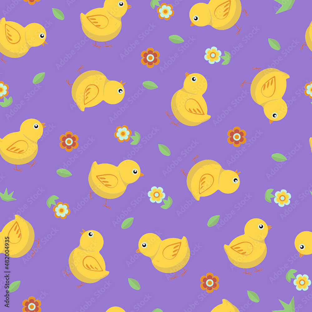 Vector Pattern of cartoon chickens. Seamless structure, children's wallpaper, textile. Chickens, grass, flowers and leaves. Vector Pattern of cartoon chickens. Seamless structure, children's wallpaper, textile. Chickens, grass, flowers and leaves.