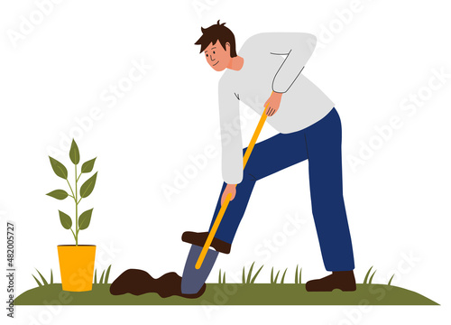 Young man is holding a shovel, digging the ground. Plant pot with tree sapling. Garden, vegetable garden, spring planting, flower care. Boy digging soil. Vector cartoon illustration isolated on white