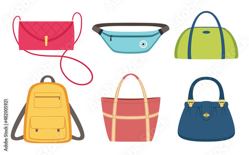 Woman bags set, leather lady accessories collection. Vector leather lady bag trendy, beautiful collection handbag accessory illustration