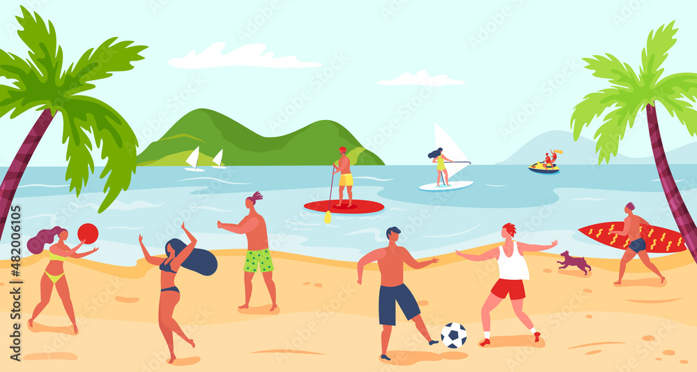 Beach activity people sport games, activities near sea. Vector beach game, summer fun and activity, people at holiday illustration