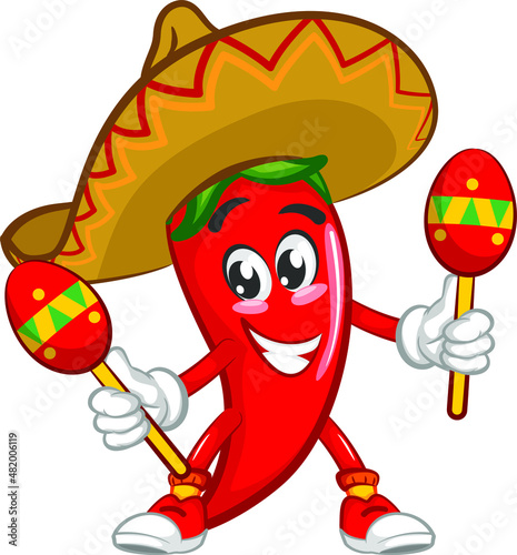vector mascot character illustration of cute chili wearing traditional Mexican wide hat playing maracas music happily