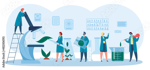 Biologists examining and research plant in laboratory. Vector science biologist examination agriculture for growing illustration
