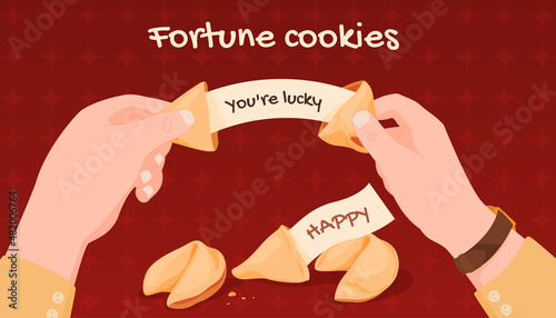 Human hands open cracked fortune cookies letter with happy lucky congrats vector flat illustration