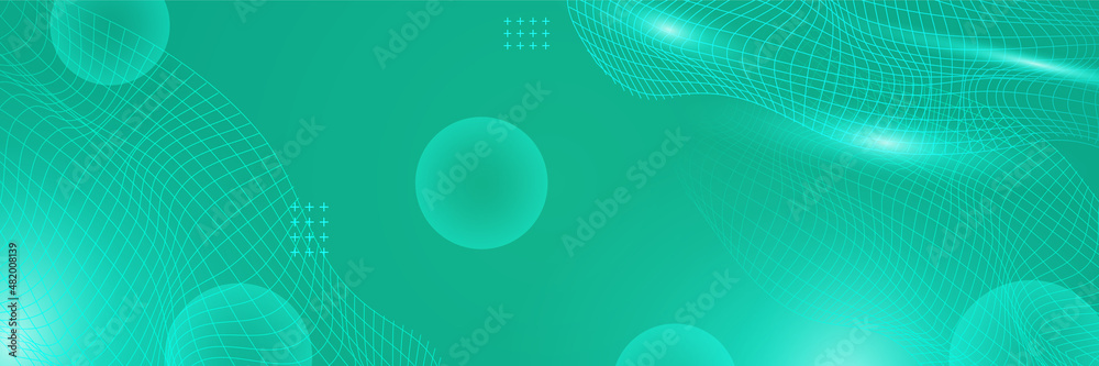 Digital circle style green wide banner design background. Abstract modern 3d banner design with green technology geometric background. Vector illustration